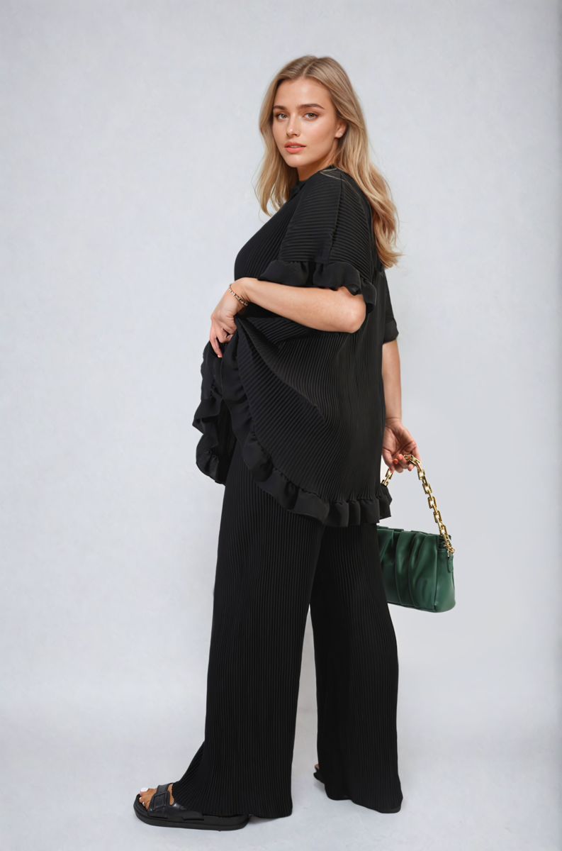 Button Pleated Frill Ruffle Top and Wide Leg Trouser Co-ord Set