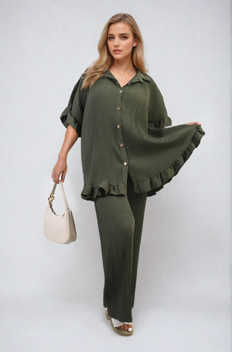 Button Pleated Frill Ruffle Top and Wide Leg Trouser Co-ord Set