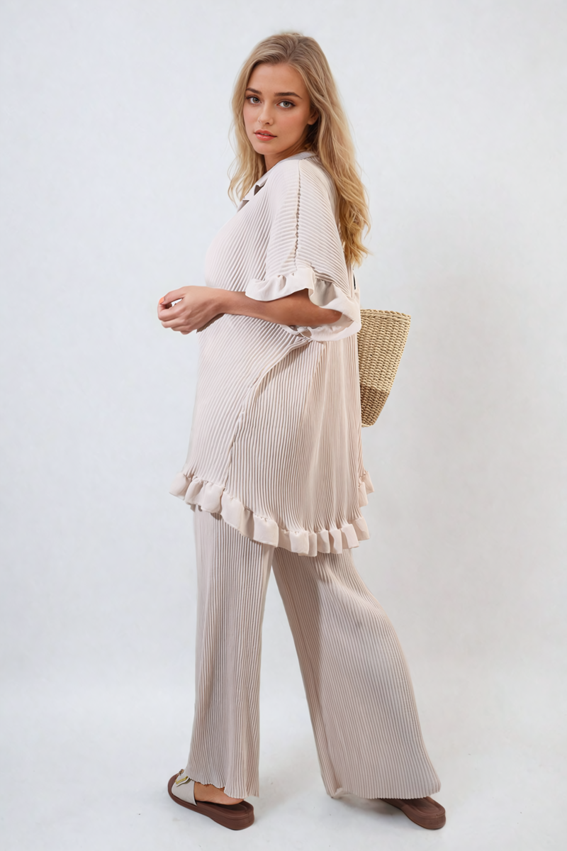 Button Pleated Frill Ruffle Top and Wide Leg Trouser Co-ord Set