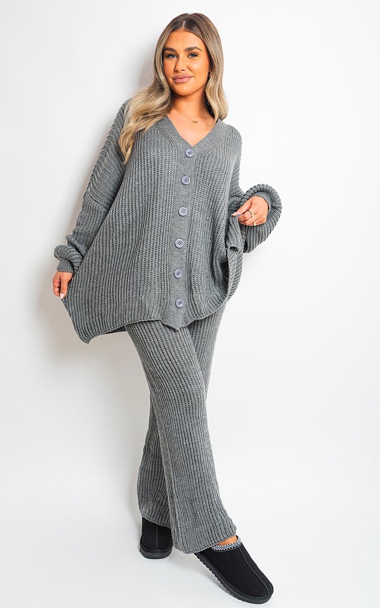 Chunky Knitted Button Up Cardigan Wide Leg Trousers Co-ord Set