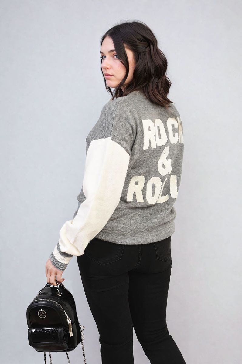 Round Neck Rock & Roll Print Knitted Jumper