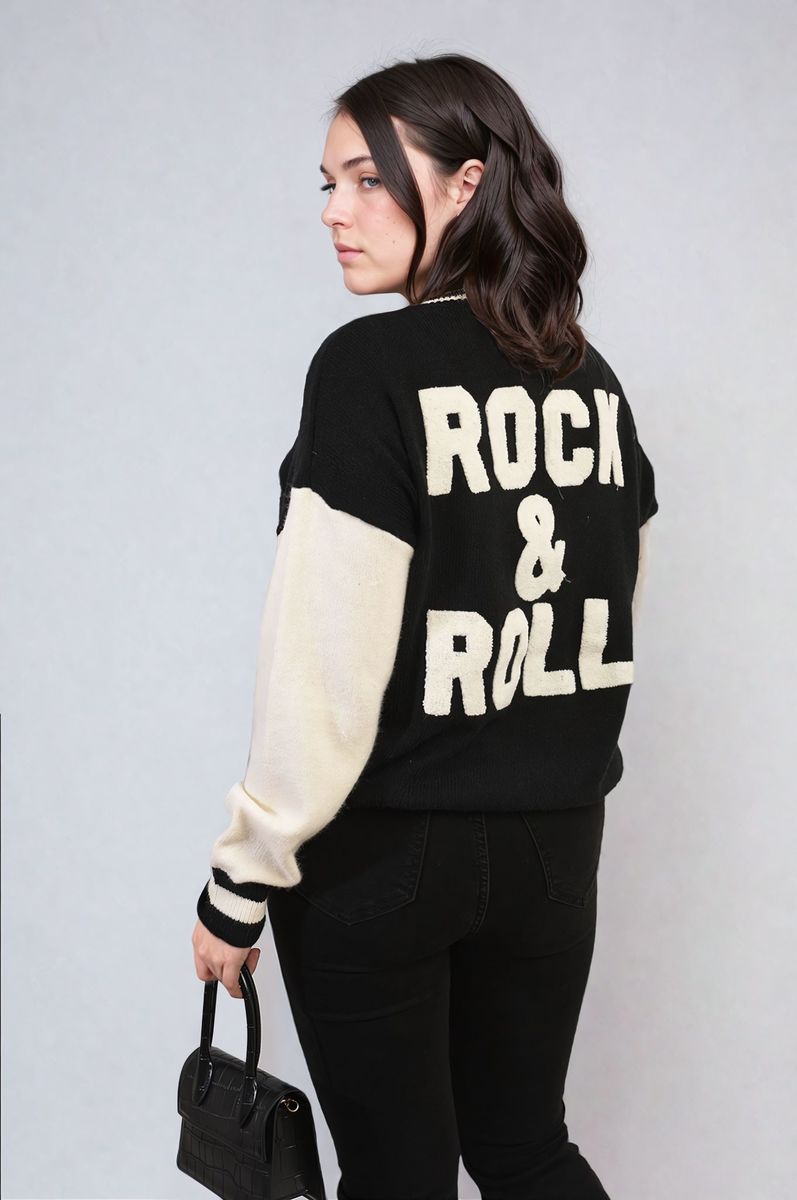 Round Neck Rock & Roll Print Knitted Jumper