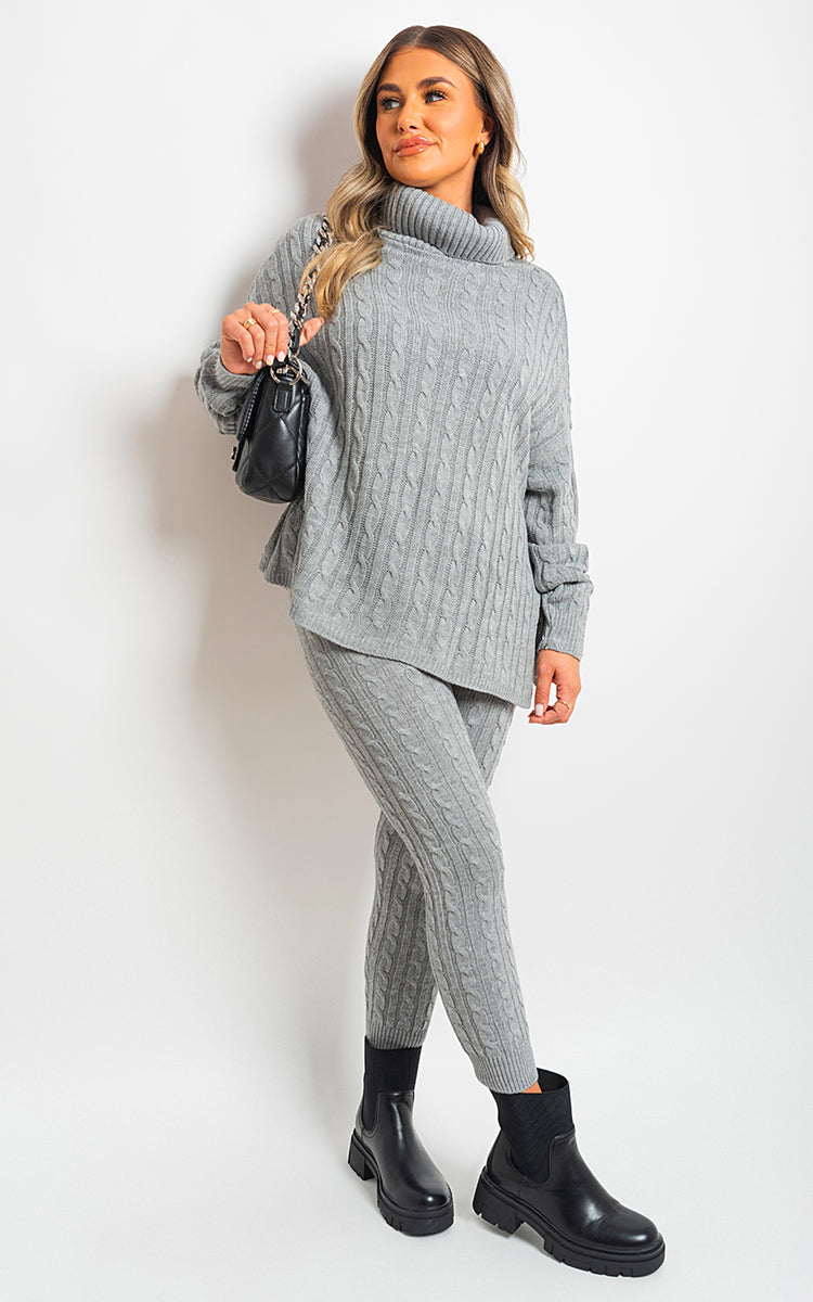 Turtle Neck Cable Knitted Top And Pants Co-ord Set