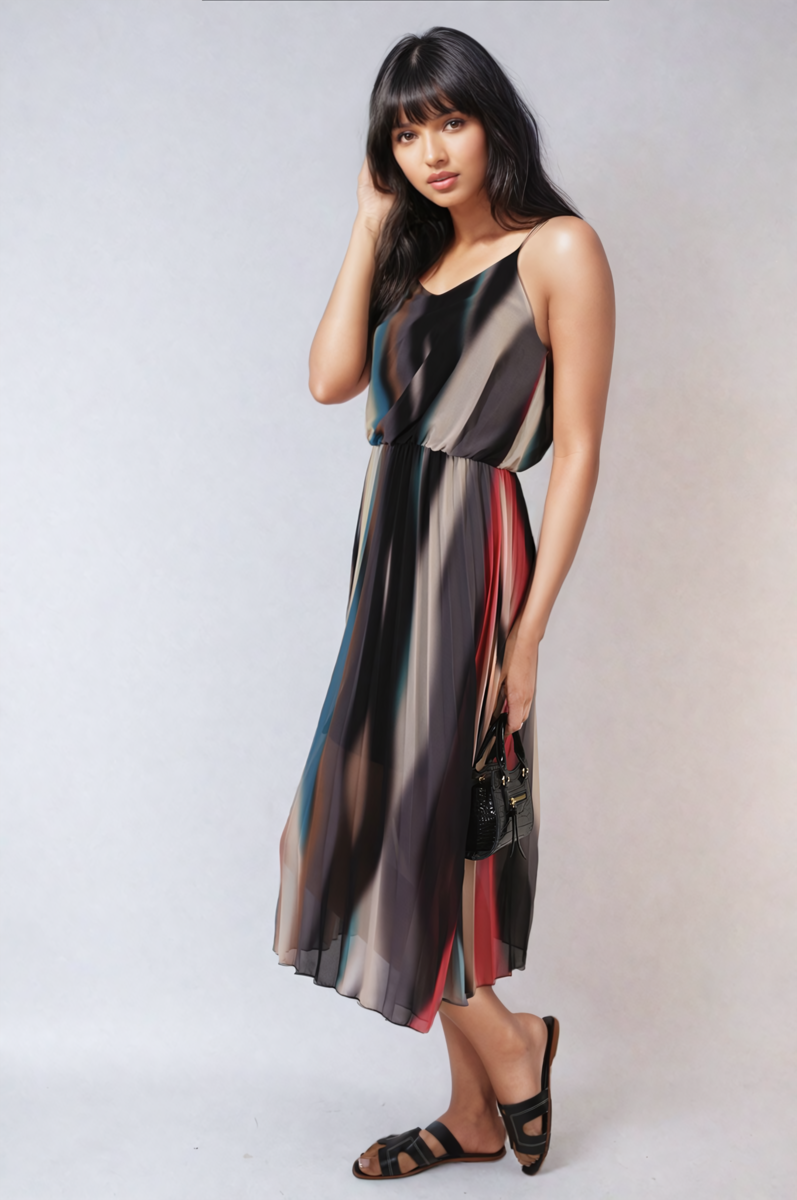 Multi Colored Print Pleated Strappy Midi Dress