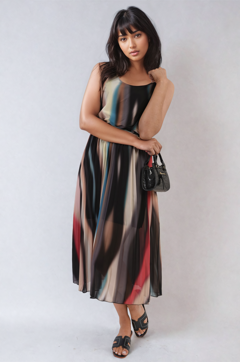 Multi Colored Print Pleated Strappy Midi Dress