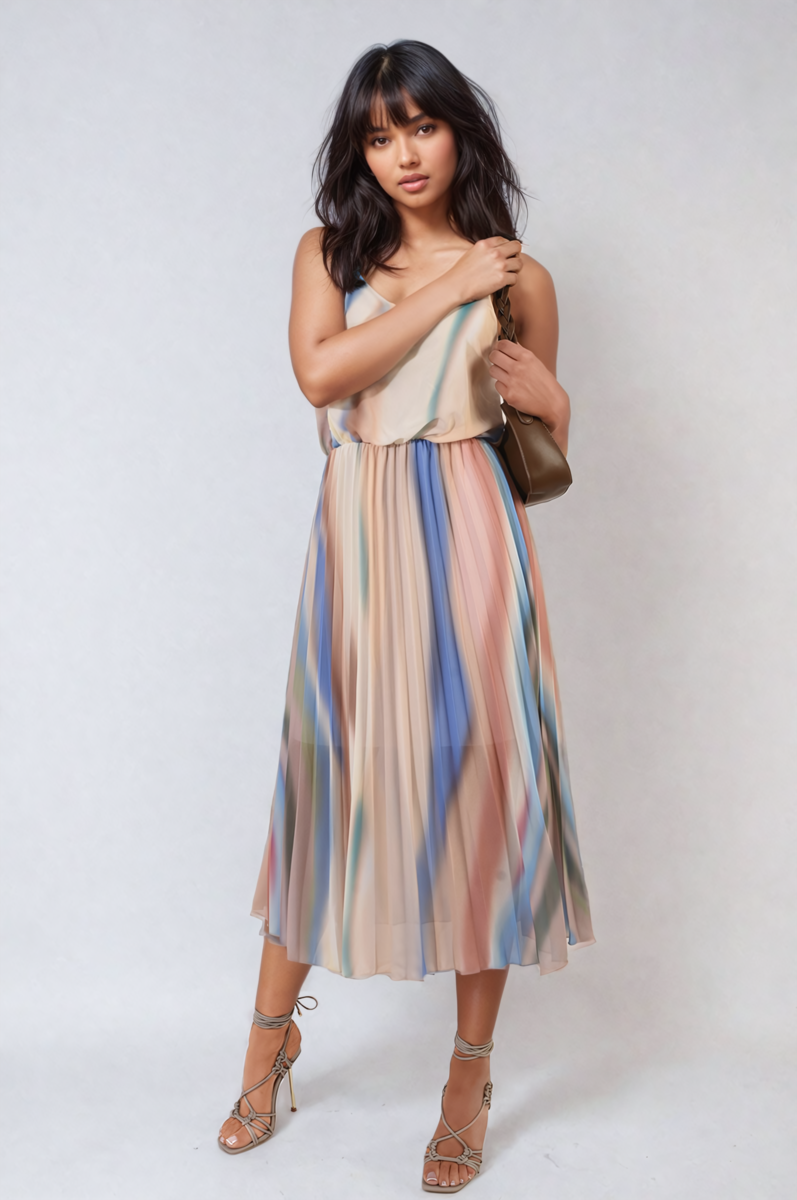 Multi Colored Print Pleated Strappy Midi Dress