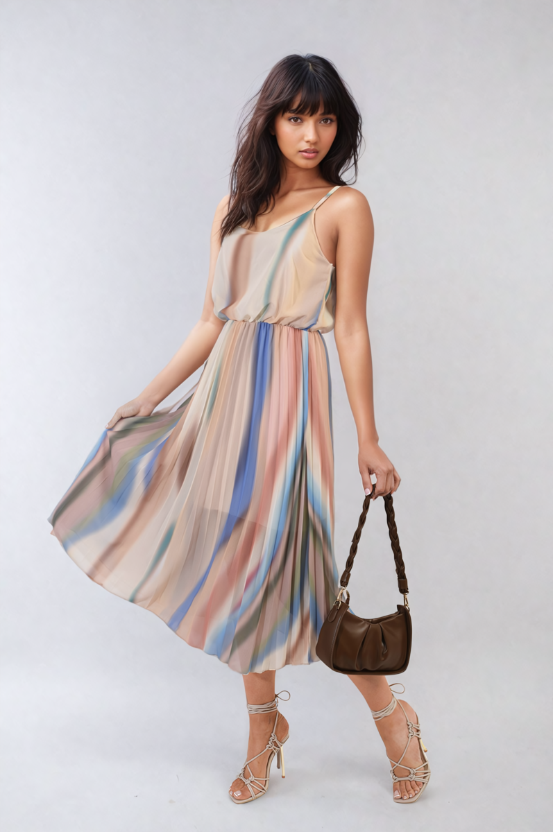 Multi Colored Print Pleated Strappy Midi Dress