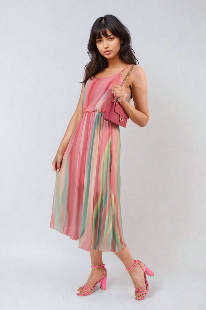 Multi Colored Print Pleated Strappy Midi Dress