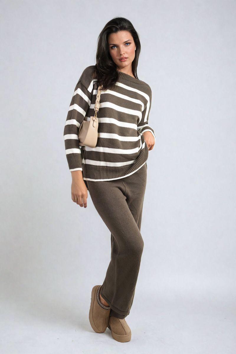 Knitted Striped Long Sleeve Top and  Pants Co-ord Set