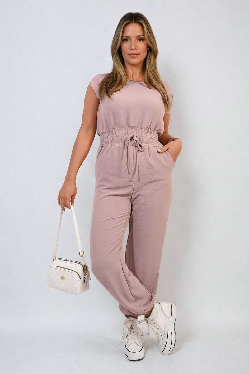 Short Sleeve Cinched Waist Jumpsuit