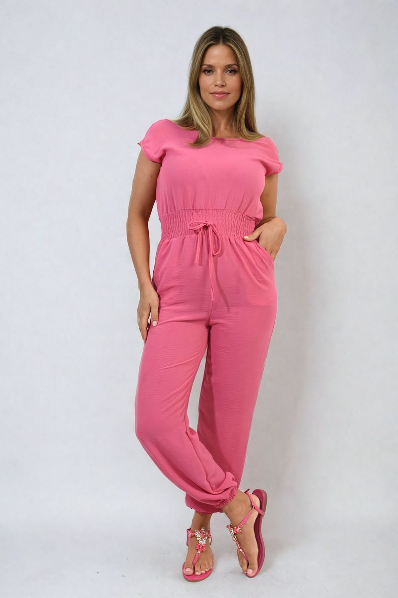 Short Sleeve Cinched Waist Jumpsuit