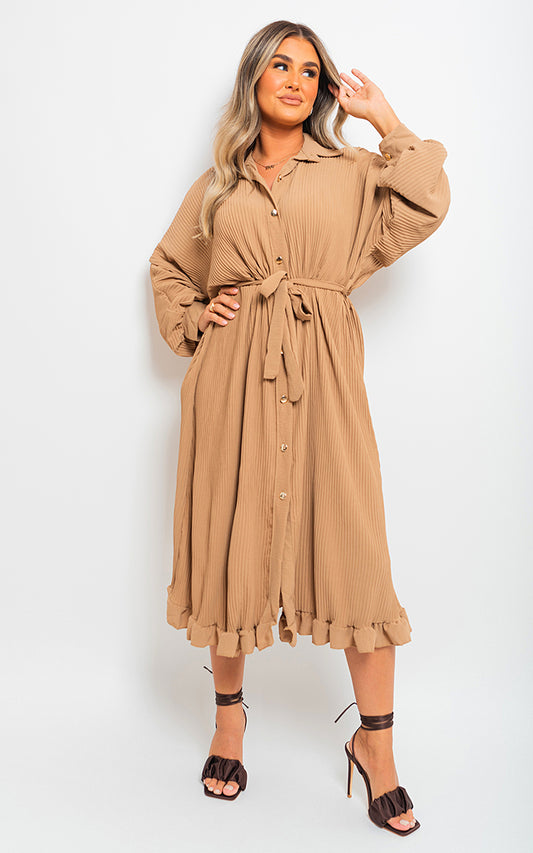 Pleated Frill Button Tie Waist Midi Dress