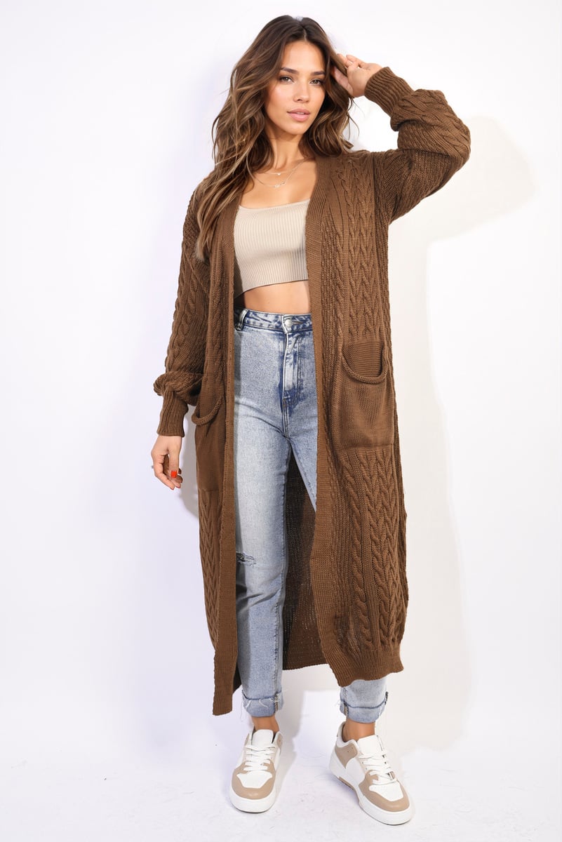 Front Open Long Knitted Cardigan With Front Pockets