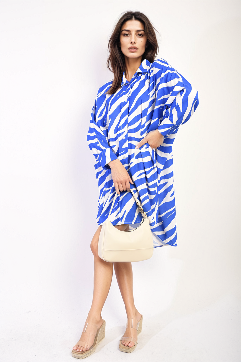 Long Sleeve Zebra Print Oversized Button Down Shirt Dress