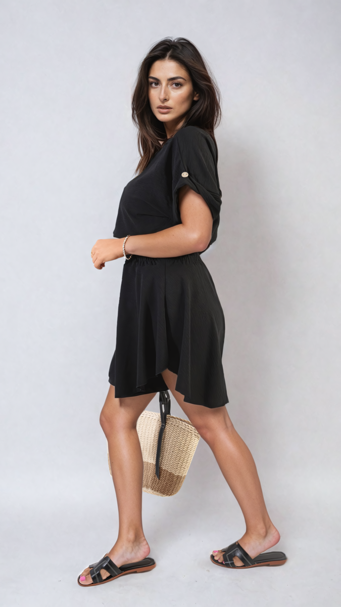 Roll Sleeve Top and Elastic Shirred Waistband and Shorts Co-ord Set