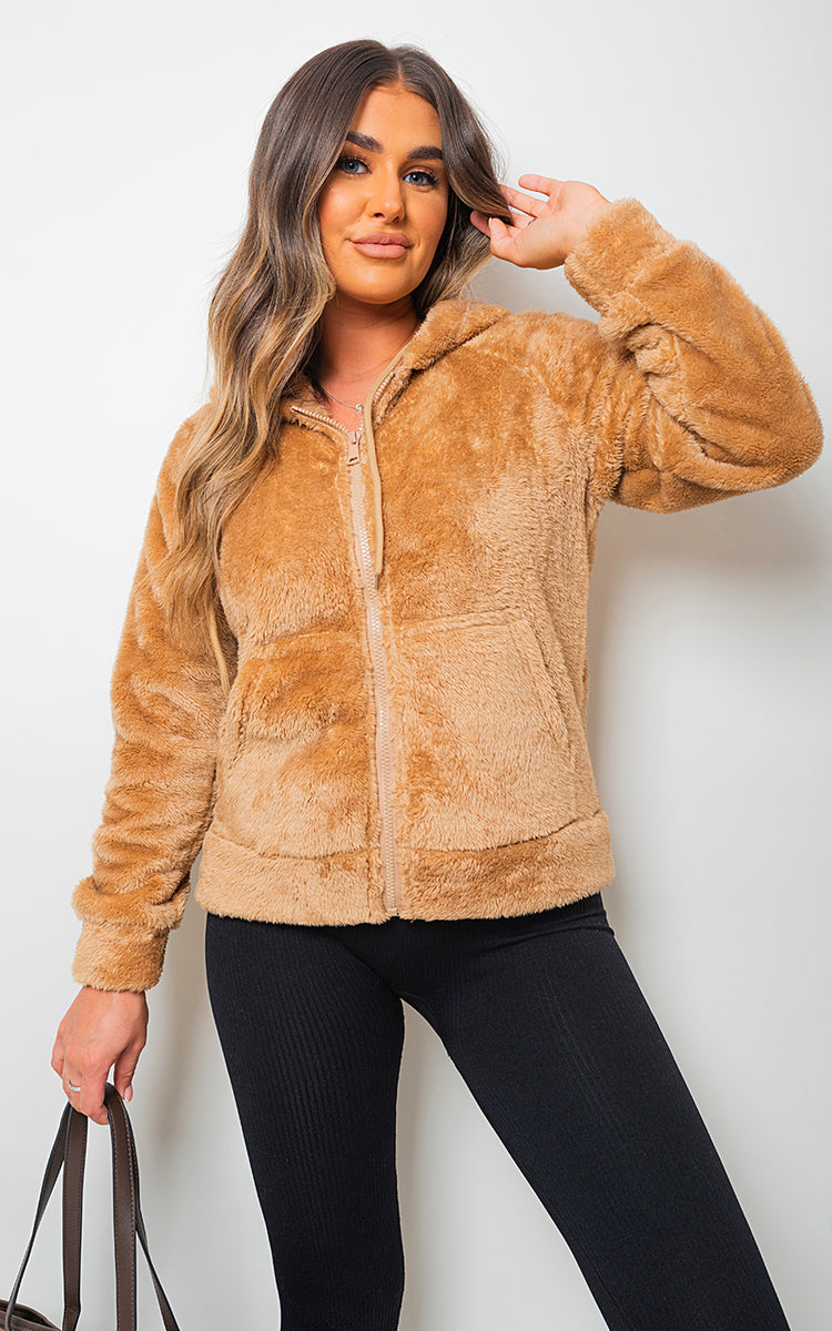 Zip Up Faux Fur Jacket With Hood