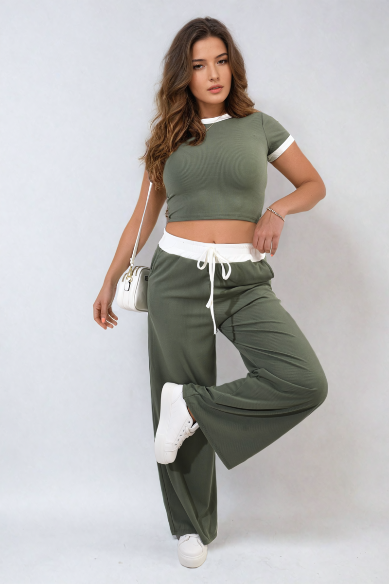 Contrasting Trim Crop Top and Trousers Co-ord Set