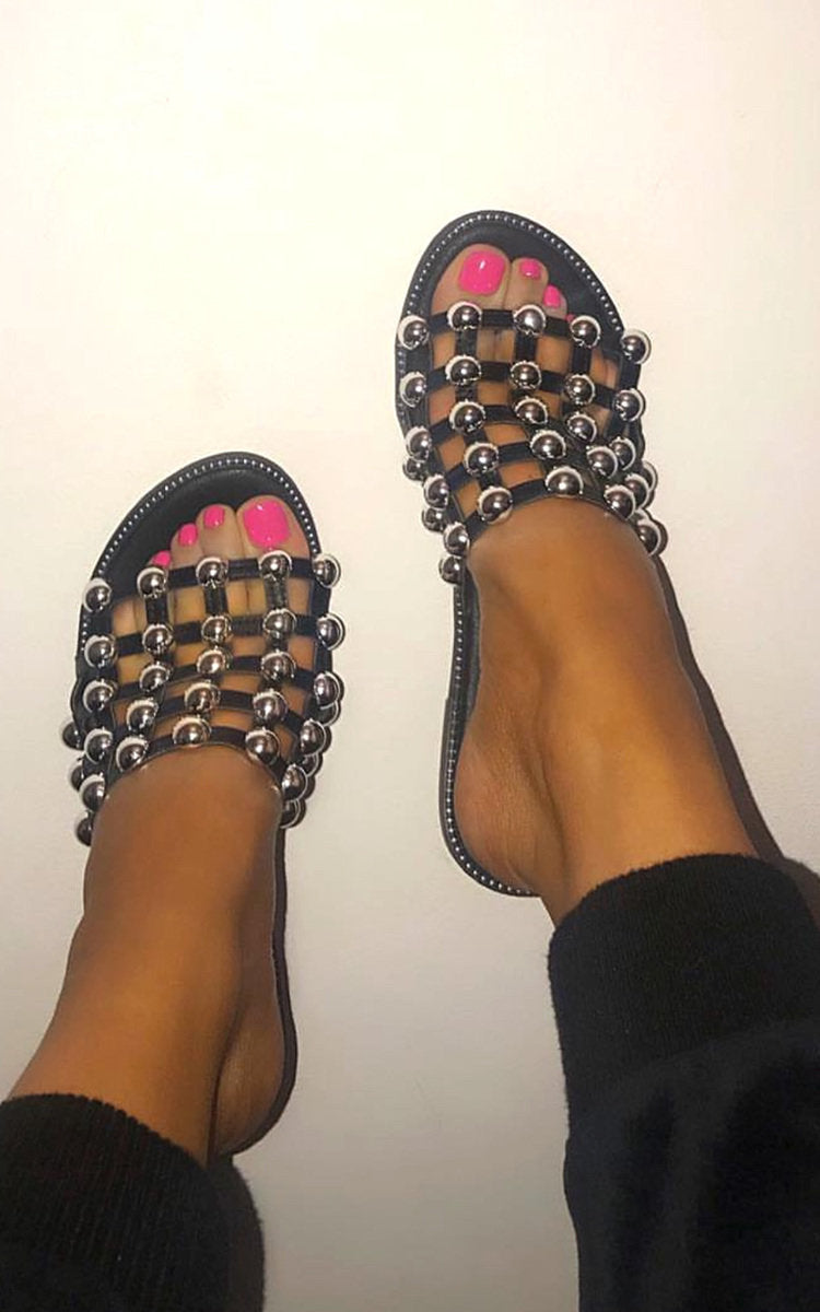 Studded Caged Open Toe Sliders