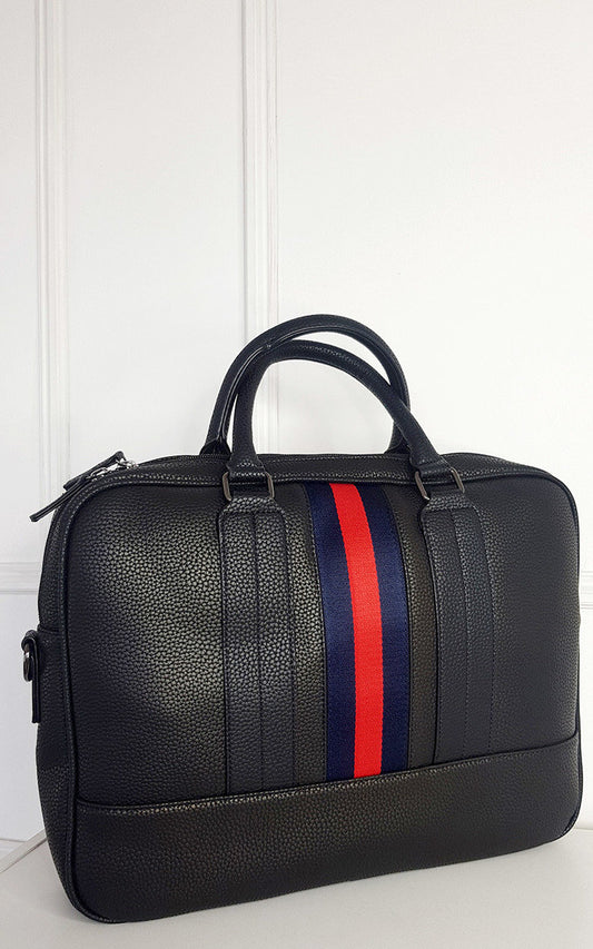 Faux Leather Bowler Bag with Navy and Red Stripe Detail