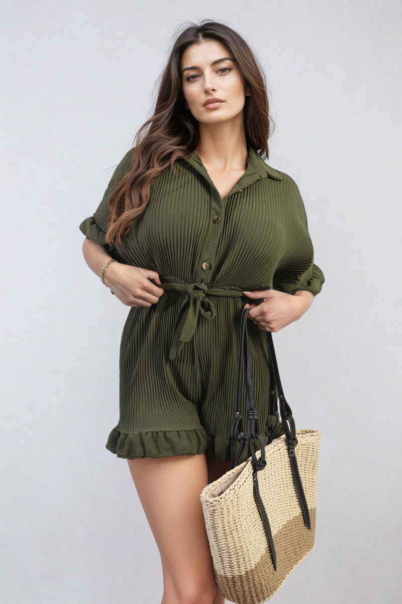 Pleated Frill Ruffle Tie Waist Playsuit