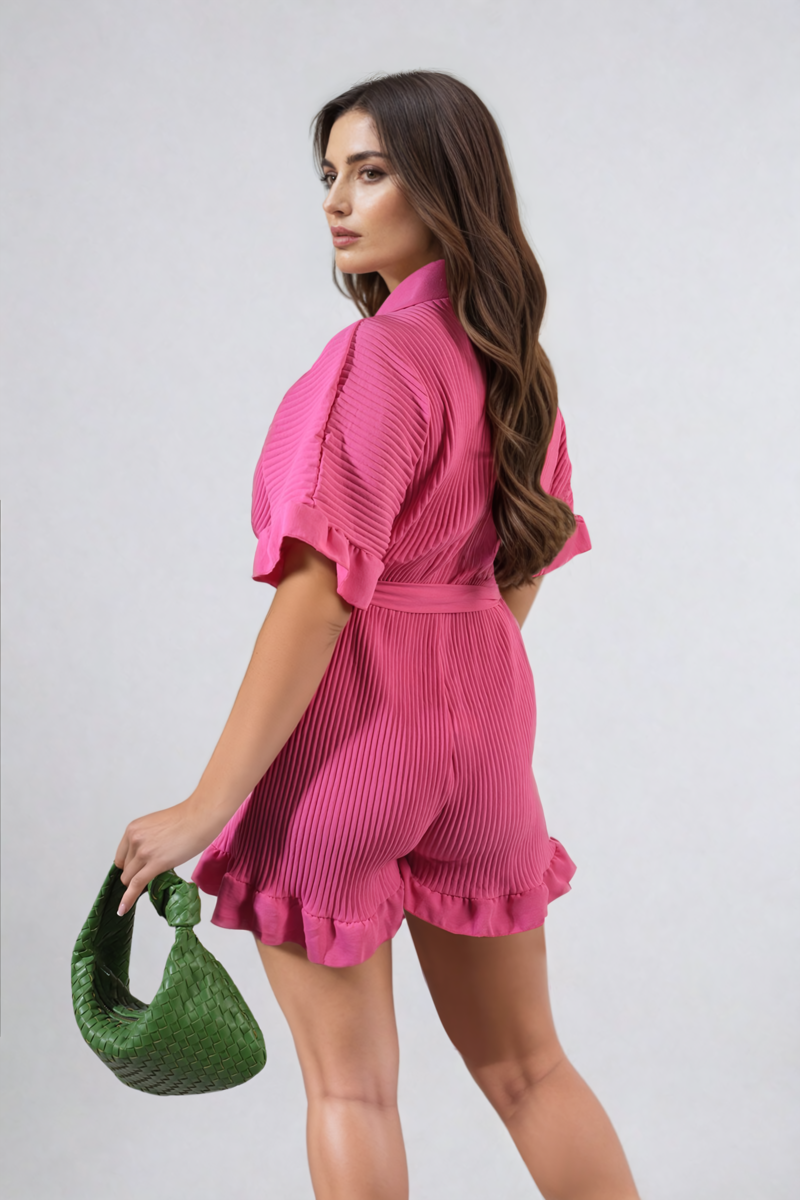 Pleated Frill Ruffle Tie Waist Playsuit