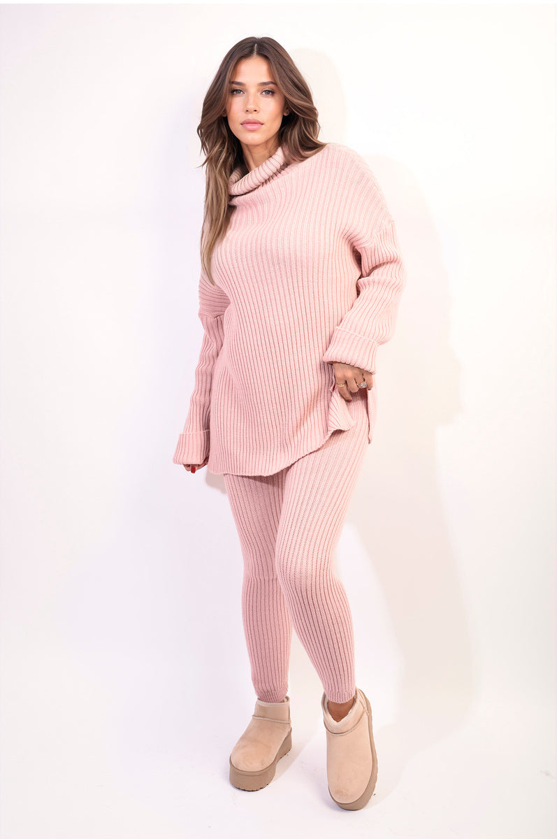 Mila Chunky Knitted High Roll Neck Top Bottom Co-ord Set