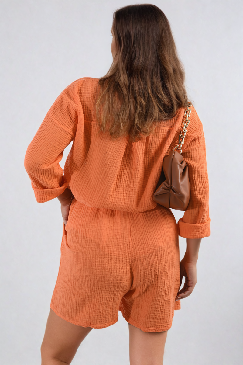 Oversized Button Front Shirt and Shorts Co-ord Set