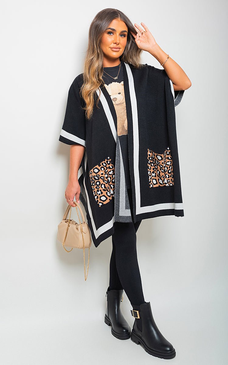 Leopard Pocket Wrap Knitted Cardigan