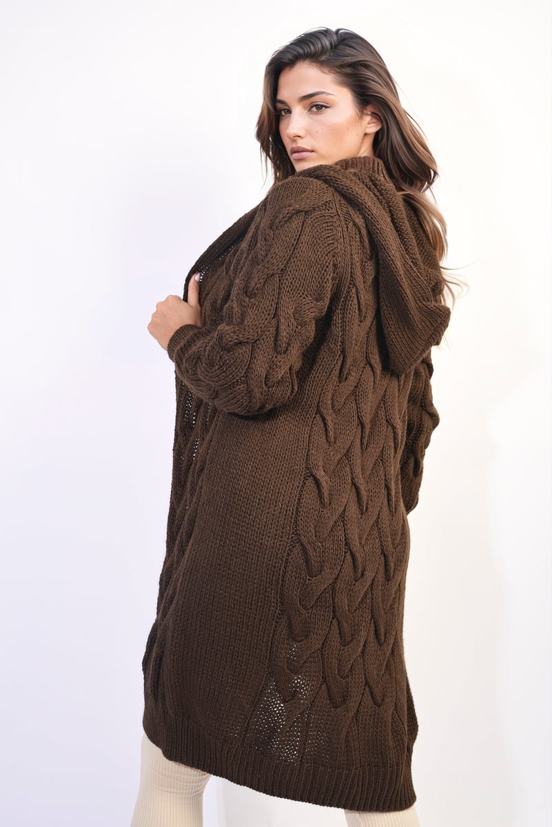 Chunky Cable Knitted Oversized Longline Hooded Cardigan