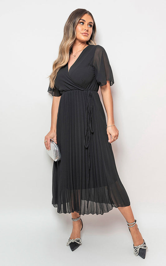 Pleated Wrap Front  Maxi Dress