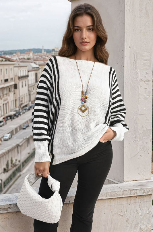 Striped Batwing Long Sleeve Knitted Jumper