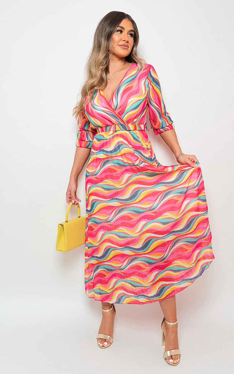 Long Sleeve Printed Maxi Dress with Belt Detail