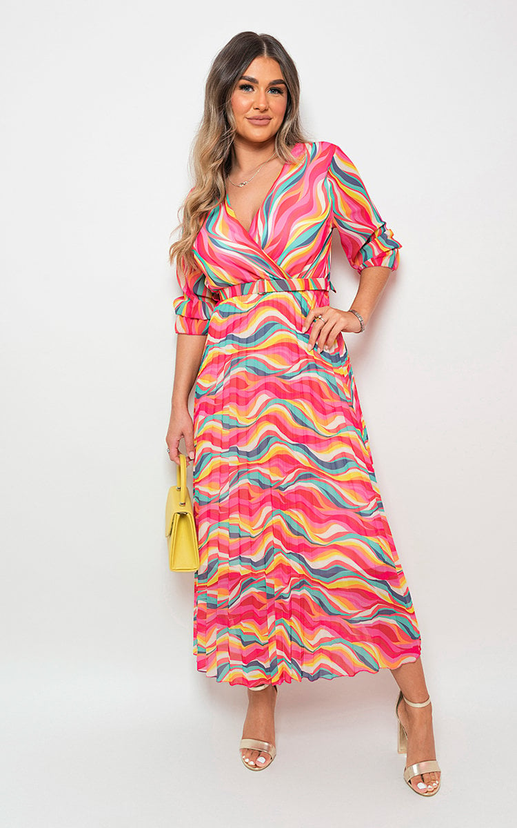 Long Sleeve Printed Maxi Dress with Belt Detail