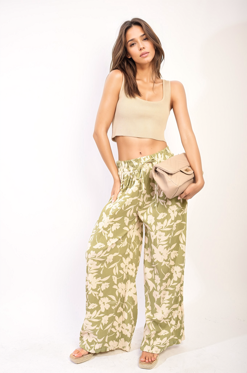 Pleated Wide Leg Floral Print Trousers