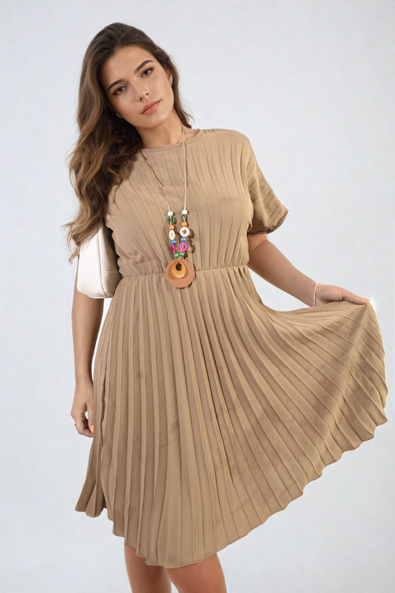 Short Sleeve Pleated Midi Dress