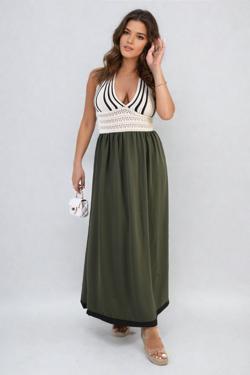 Crochet V-Neck Halter Backless Maxi Dress